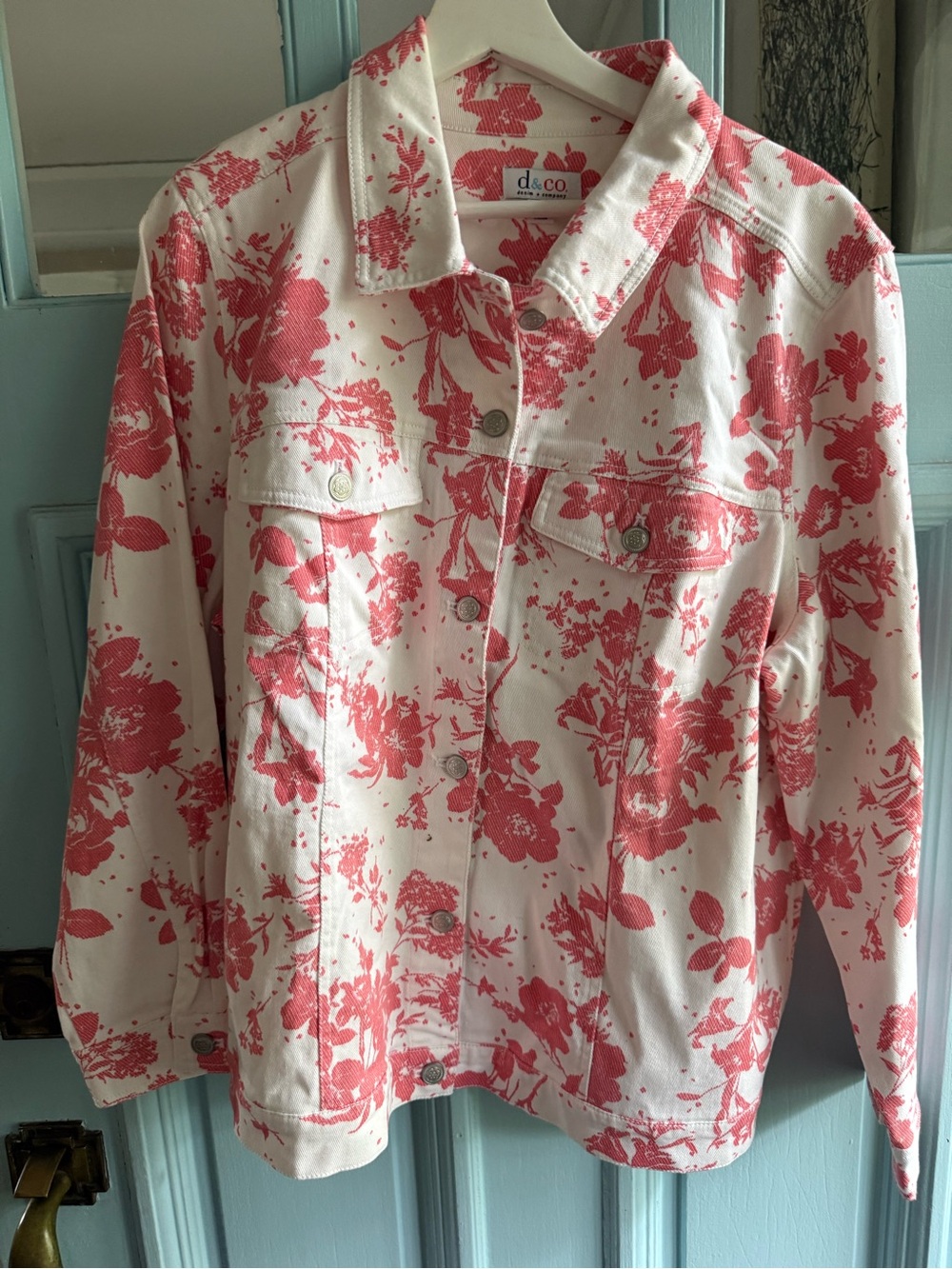 Denim&Co White Jean Jacket with Coral Floral Print
